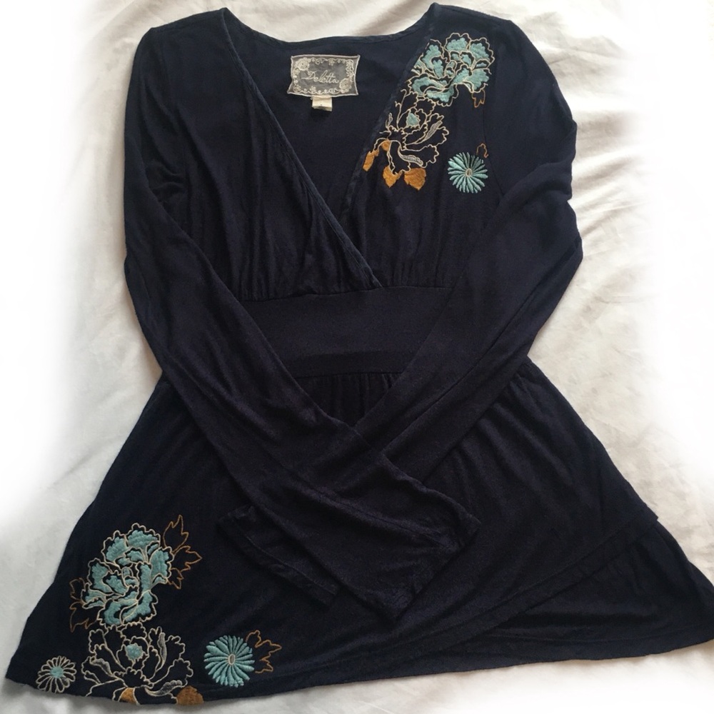 Deletta embroidered faux wrap top with tie in back